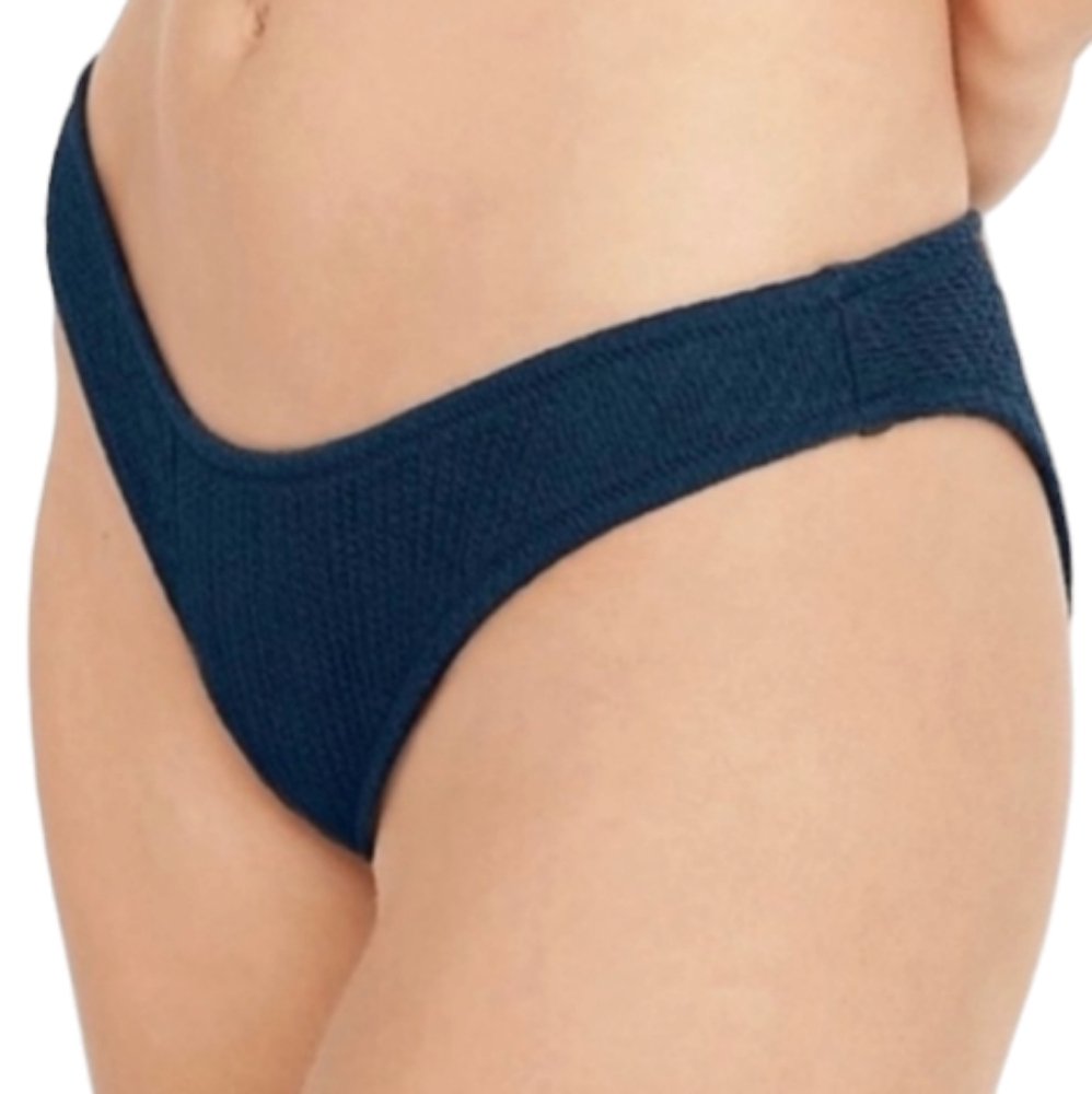 J. CREW Women's Large Textured Curved-Waist Cheeky Bikini Bottom Navy Blue NWT